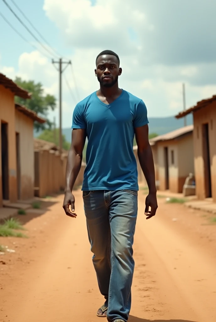 Un jeune homme africain de 29 ans marchant dans un petit village, dans une route déserte, il porte un maillot bleu et un pantalon jeans, large capture, réaliste