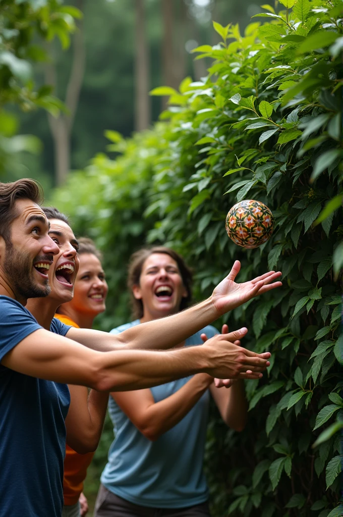 Close-up of a team throwing a zeta in a bush with laughter