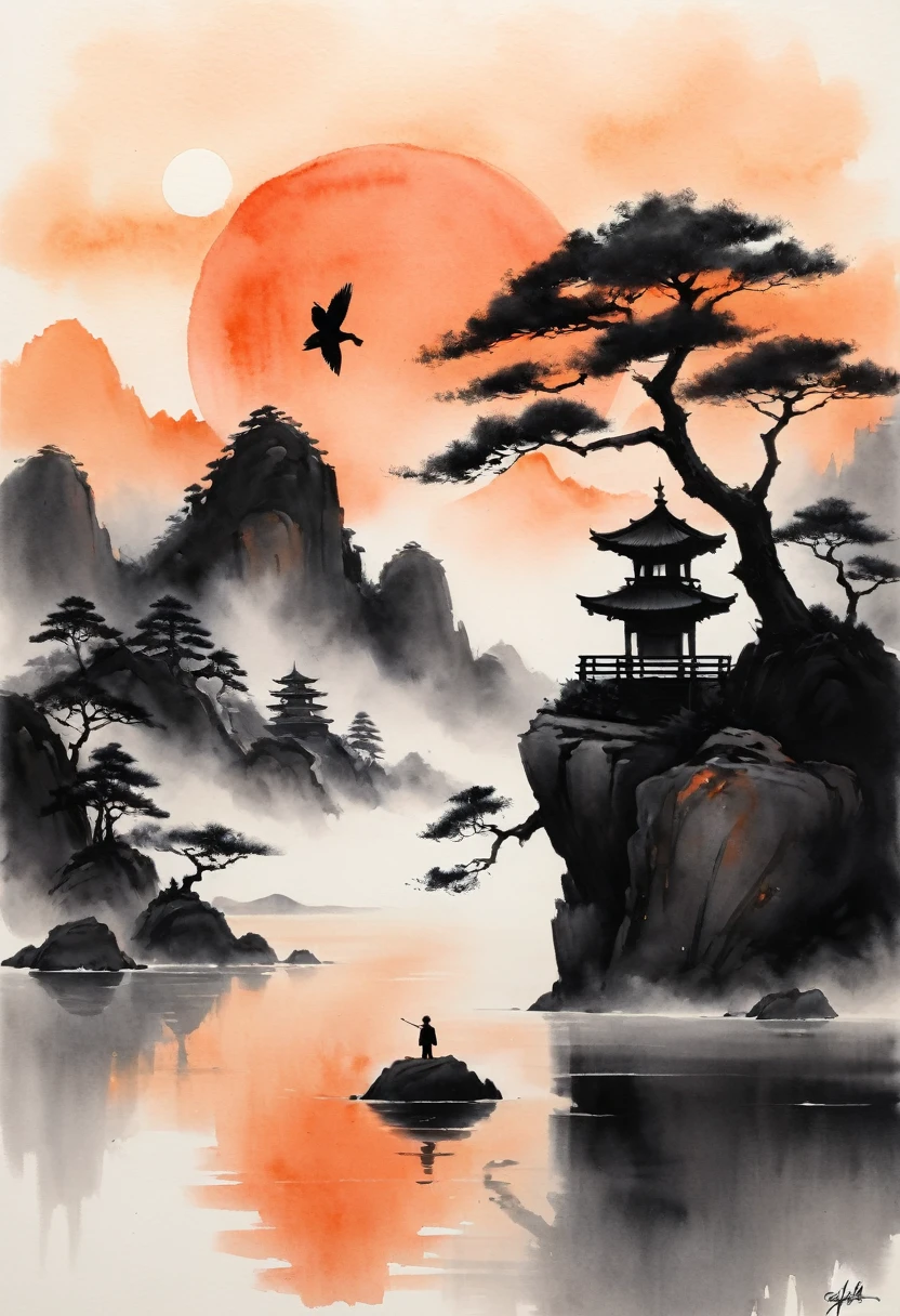 Create an 8K ink art masterpiece titled "The Solitary Flight" in the inkpunk genre. The scene features a solitary bonsai tree standing on a rock, distinctly separate from East Asian-inspired architecture in the background. The sun should be a soft, muted circle, appropriately sized without spots, casting a warm glow over the scene. Include a single ink-black silhouette of a bird soaring in the sky. The color palette should be muted, emphasizing soft oranges and deep blacks, creating a sense of history and tranquility. Ensure there are no elements of pagodas on the tree or trees growing from pagodas, and avoid chaotic or overly detailed features.