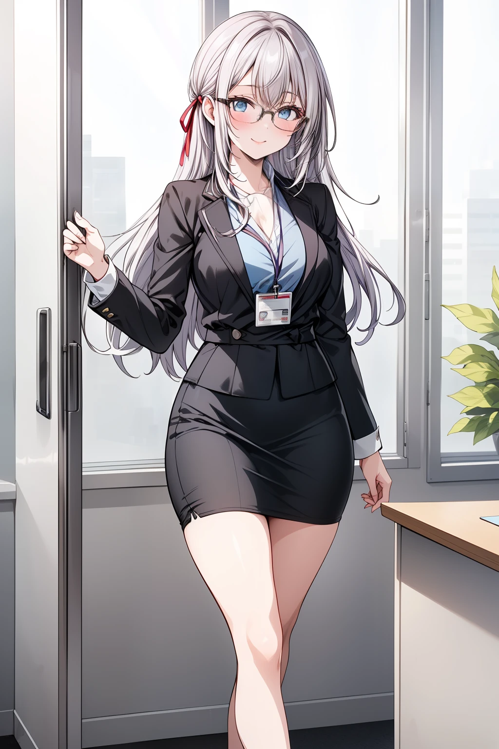 (Masterpiece), (best quality), (solo:1.7), (full body), (facing the viewer), Alisa Kujou, an anime girl around (22 years old:1.1) with a (beautiful character design:1.4). She is now dressed in a (form-fitting office outfit:1.5), consisting of a (black pencil skirt), a (white fitted blouse), and a (tailored black blazer), paired with elegant (black high heels). She also wears stylish (black-rimmed glasses:1.3) that emphasize her striking blue eyes, giving her a sophisticated yet approachable look.
Alisa's long, flowing white hair cascades in loose waves, adding a soft touch to her professional appearance. She is confidently walking out of a modern office building, with the entrance and glass doors visible in the background. The scene captures her in the evening light, just as the sun is setting, casting a warm, golden glow on her.
With one hand adjusting her glasses and a relaxed smile on her face, Alisa looks directly at the viewer. Her (slim waist:1.3), (shapely hips:1.3), and (toned legs:1.4) are accentuated by her fitted outfit. The atmosphere is casual yet elegant, as she transitions from her professional day to a relaxing evening.
The background includes the exterior of a modern office building, with (glass windows reflecting the sunset) and (soft bokeh effects:1.2) to keep the focus on her. The setting is detailed with a mix of concrete and greenery, hinting at a city park nearby. Subtle lens flares and vibrant colors enhance the warm lighting, creating a polished, high-quality look.
Rendered in (ultra-high resolution:1.0) with (HDR-10) and a touch of (film grain:1.0) for added texture and depth. The soft lighting highlights the details of her outfit and facial expression, making her the focal point as she exits the building to start her evening.