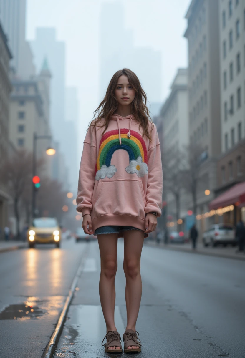 (( upper body:1.5)) One girl is standing in the center , she、 I lived in a foggy city with lots of skyscrapers and wide roads , Her outfit is cool , casual yet British - ( combined with a larger hoodie that covers her long legs ). part of her hair falls around her face ,Her pose is、 Pair it with an oversized rainbow hoodie that covers her long legs、 exudes sense and joy , foggy streets reflected in a cloudy sky ,