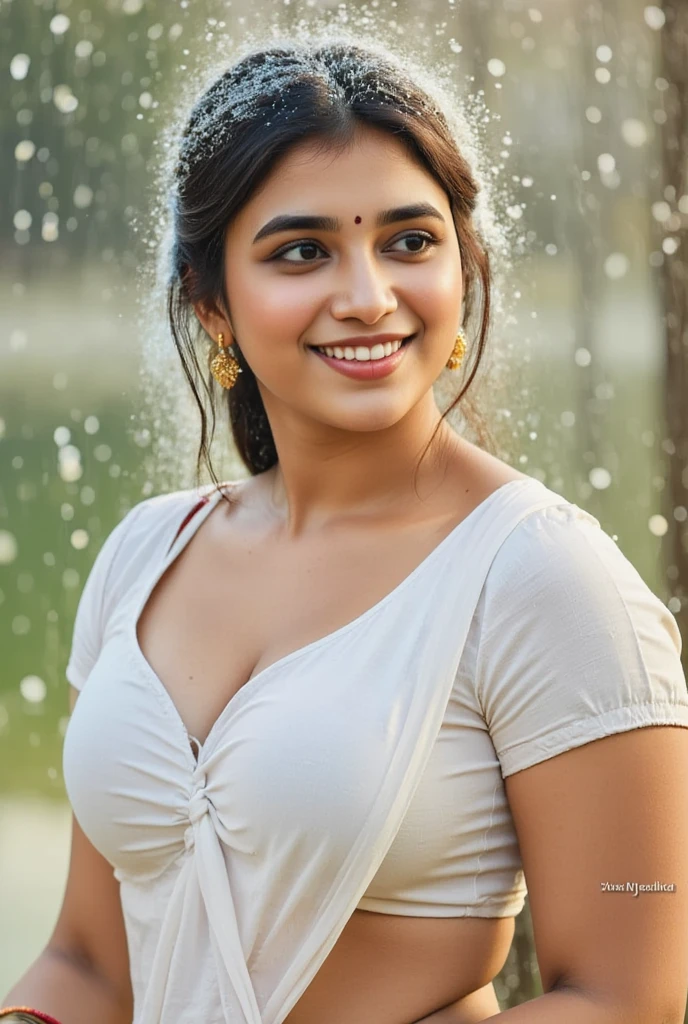 Under a cascading waterfall, an Indian girl stands completely drenched, the water streaming down around her, accentuating her features in a captivating close-up. Her traditional white blouse clings to her form, the short sleeves and knotted front revealing her toned waist and graceful silhouette. Her wet hair, styled in an elegant updo, now falls loosely, adding a natural, carefree beauty to her appearance.

Drops of water glisten on her skin, and her radiant smile shines through, full of joy and liveliness. She wears gold dangling earrings, colorful bangles, and a small bindi on her forehead, each piece of jewelry glinting softly in the misty sunlight filtering through. The close-up captures her expressive eyes and serene expression, creating a beautiful and intimate moment as she stands beneath the waterfall, embracing the refreshing flow of nature, close up, extreme close up