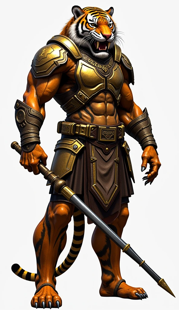 Tiger Soldier - India
Head: The tiger head is fierce, with large sharp teeth and a fierce gaze. The tiger's natural stripes cover its face, contrasting with the gold and orange color.
Body: The soldier is muscular, with an imposing posture. The armor is designed to be flexible and adherent to the body, with details reminiscent of the pattern of a tiger's stripes.
Armor: A protective vest made of an elastic and resistant material, which resembles tiger skin. The legs and arms are covered in plates that mimic the animal's sharp claws.
Weapon: A combat stick with built-in retractable claws, simulating the tiger's ability to attack quickly.