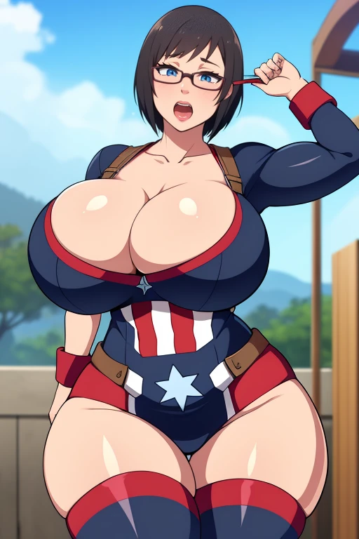 Shizune, 1girl, ((bimbo))), short black hair, glasses, painted lips, wide hips, thick thighs, huge ass, bimbo face , enormous huge natural breasts, sexy captain america costume, captain america, cleavage, hanging breasts, ahegao face, hot, lust face