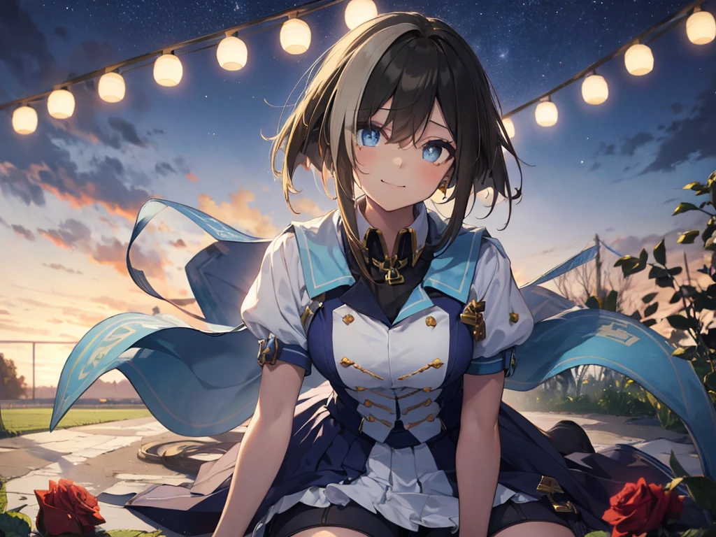 Alone、alone、One human girl、Human Ear、(Light blue military uniform)、(  light blue skirt)、(mesh bangs )、smile、 forward leaning position、slouch、Kneeling、Focus on the chest、 rose garden、 starry sky 、 Hi-Res, masterpiece, accurate,  anatomically correct,  won numerous awards,  best quality,  textured skin、 bust up