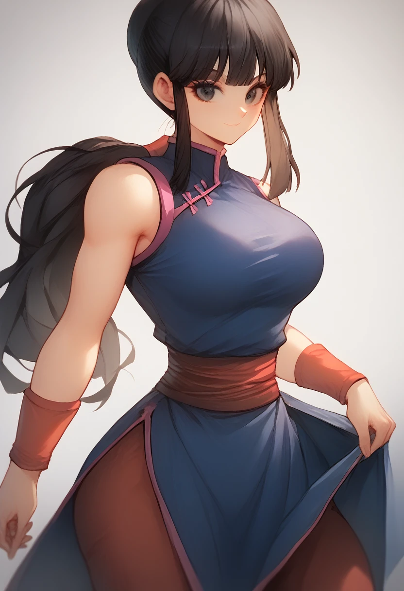 chi-chi, long hair, breasts, bangs, black hair, bare shoulders, standing, black eyes, sleeveless dress, blue dress, Chinese clothes, red wristband, straight hair, red sash, red pants, hair down, big ass, big boobs,  blow job pov