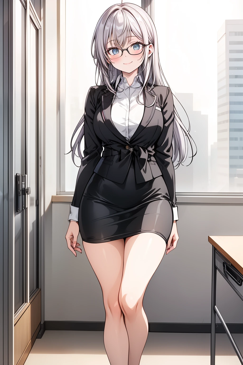 (Masterpiece), (best quality), (solo:1.7), (full body), (facing the viewer), Alisa Kujou, an anime girl around (22 years old:1.1) with a (beautiful character design:1.4). She is now dressed in a (form-fitting office outfit:1.5), consisting of a (black pencil skirt), a (white fitted blouse), and a (tailored black blazer), paired with elegant (black high heels). She also wears stylish (black-rimmed glasses:1.3) that emphasize her striking blue eyes, giving her a sophisticated yet approachable look.

Alisa's long, flowing white hair cascades in loose waves, adding a soft touch to her professional appearance. She is confidently walking out of a modern office building, with the entrance and glass doors visible in the background. The scene captures her in the evening light, just as the sun is setting, casting a warm, golden glow on her. 

With one hand adjusting her glasses and a relaxed smile on her face, Alisa looks directly at the viewer. Her (slim waist:1.3), (shapely hips:1.3), and (toned legs:1.4) are accentuated by her fitted outfit. The atmosphere is casual yet elegant, as she transitions from her professional day to a relaxing evening.

The background includes the exterior of a modern office building, with (glass windows reflecting the sunset) and (soft bokeh effects:1.2) to keep the focus on her. The setting is detailed with a mix of concrete and greenery, hinting at a city park nearby. Subtle lens flares and vibrant colors enhance the warm lighting, creating a polished, high-quality look.

Rendered in (ultra-high resolution:1.0) with (HDR-10) and a touch of (film grain:1.0) for added texture and depth. The soft lighting highlights the details of her outfit and facial expression, making her the focal point as she exits the building to start her evening.