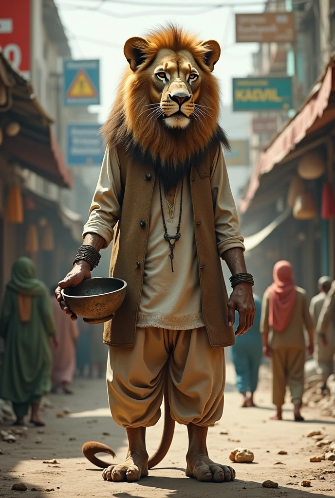 Here’s the modified prompt:
"A weary and thin lion standing on two legs, wearing tattered and old traditional Pakistani clothes, such as a torn kurta and shalwar with faded colors and visible patches. The lion holds a begging bowl in its paw, looking desperate and hungry. Around it, people are walking past on a busy street, ignoring the lion as they go about their day. The background features a typical Pakistani street scene with shops, signboards, and bustling activity."
Let me know if you want any further changes!