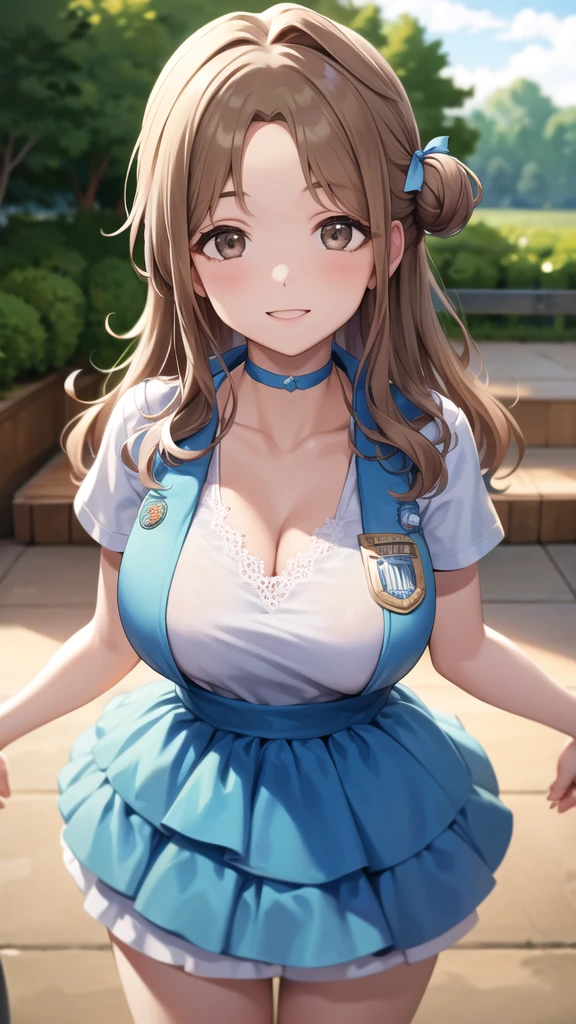 masterpiece, best quality, highres, hmhinana, long hair, single hair bun, hair ribbon, blue choker, idol, jewelry, collarbone, cleavage, dress, short sleeves, layered skirt, badge, smile, standing, cowboy shot, stage, sky, outdoors, straight-on, arms at sides,