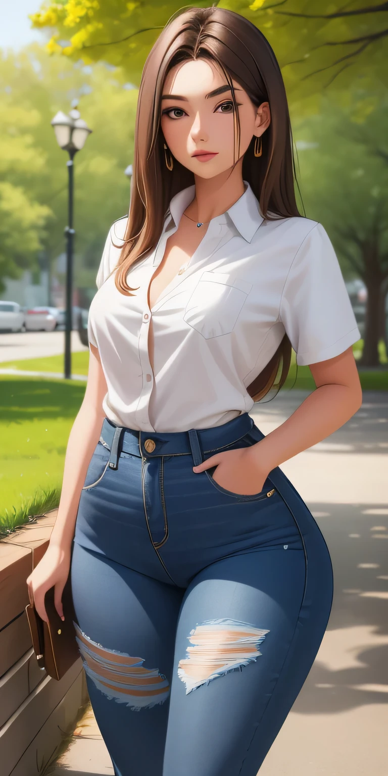 ((19 years old)) ((brown hair)), girl, in tan button up shirt, ripped jeans, standing in park, small , slim thighs, slim waist