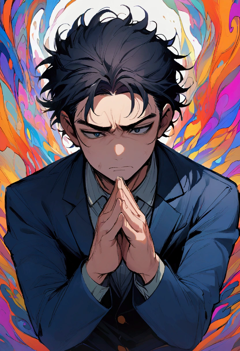 Man with messy short black hair , a little short facial hair and a dark blue suit. his face is serious but worried at the same time , y has his hands together .