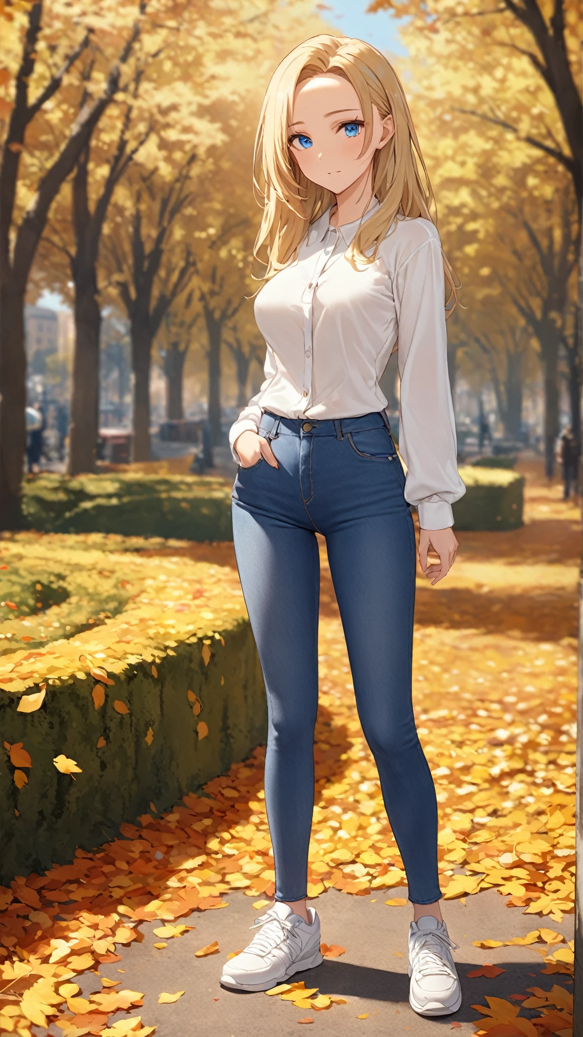 A youthful female with blue eyes and long blonde hair with perfect body:1.1 and medium . She is wearing a blue skinny jeans and white long-sleeve-button-shirt and white sneakers. Outdoor setting in daytime in fall. Fashion photography. Looking at viewer. (Best quality. Masterpiece:1.3. 16K. Detailed. Ultra high resolution). Soft natural lighting. Highly detailed face and skin texture. Detailed eyes. (Deep focus. Full body picture:1.5). Forehead.