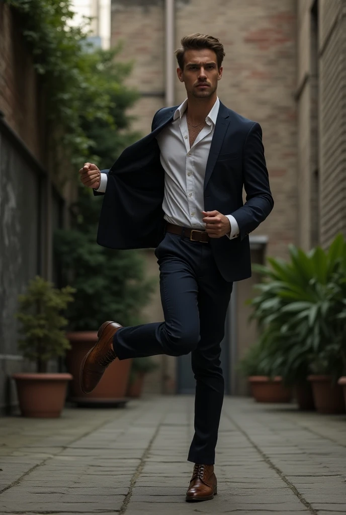 Create an image of a man at a photo shoot posing differently, trusting, elegant, recreational and using the environment to create interesting and unique photos