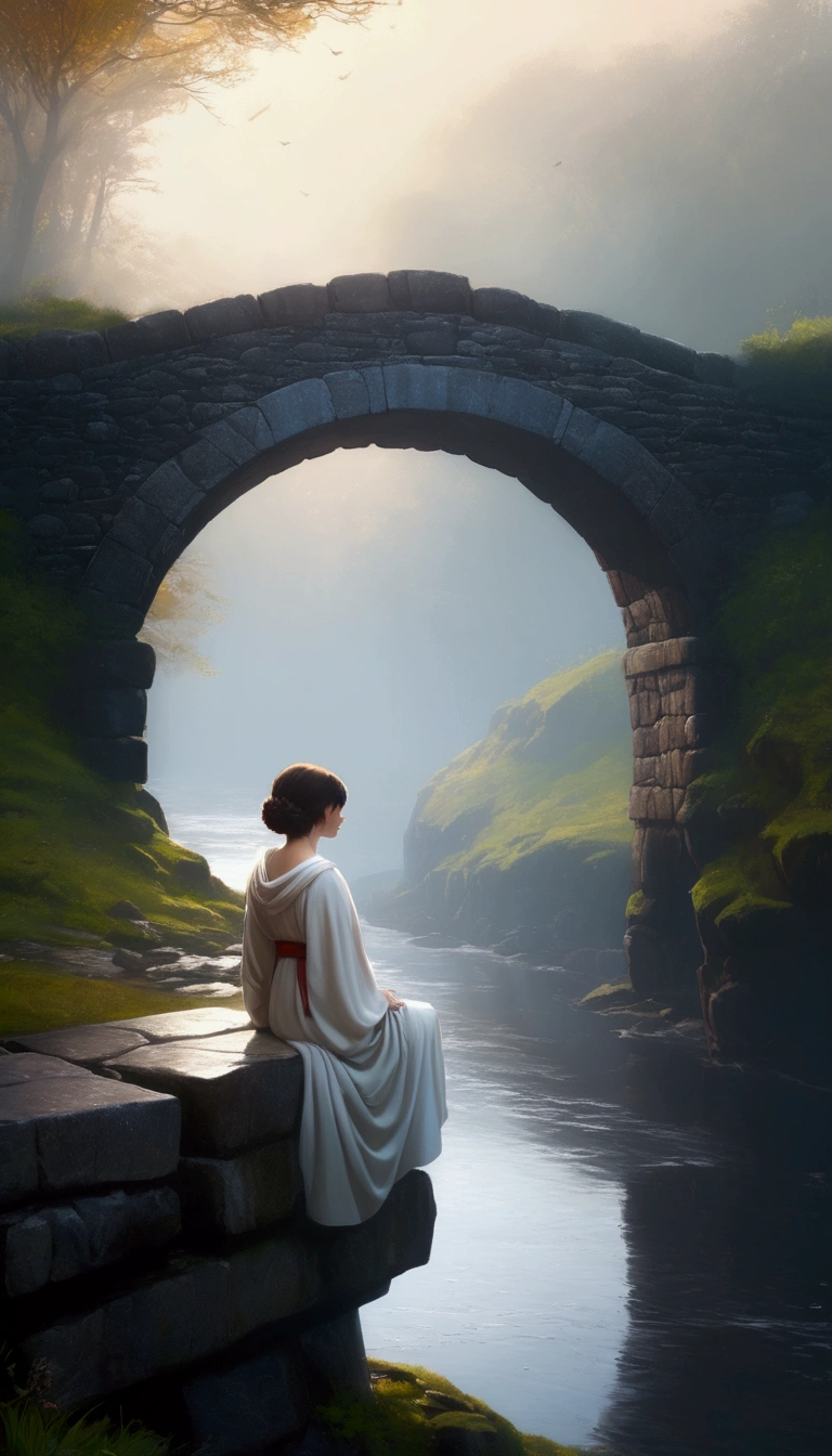 "Ilya Kuvshinov" style, Simple Ancient bridge in dense fog, Simple construction of ancient medieval stone  bridge in scotland, a beautiful female angel in tunic sitting on the bridge wall with her legs hanging down, looking at the water below, Many details everywhere. Ray-Tracing. Anti-Aliasing. Realistic soft shadows. Low saturation colors. Insane quality. Insane resolution. Insane details. Masterpiece. 32k resolution.