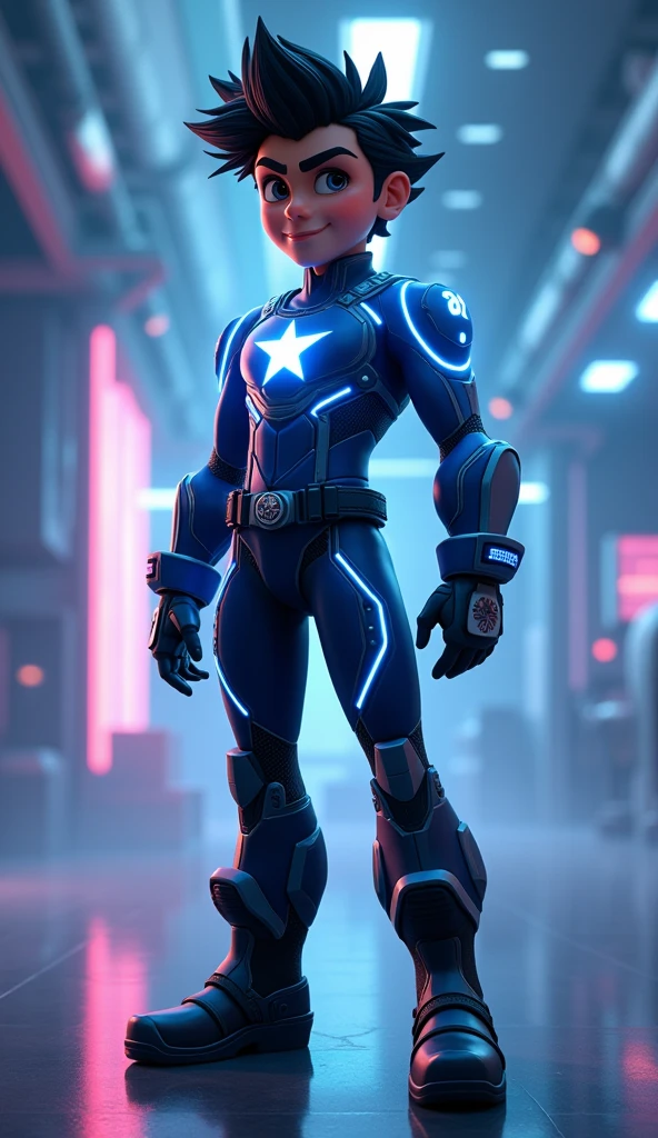 cssffkle878c73dam9sg,Aryan (Superhero Name: Astro )
- Age: s
- Height: 5 feet 2 inches (medium height for his age).
- Hair: Spiky black hair with a faint blue streak (symbolizing his futuristic powers).
- Eyes: Bright hazel with a faint glow when he activates his powers.
- Skin Tone: Light wheatish.
- Outfit:
- A high-tech suit with glowing circuits, blue and silver in color, with a emblem of a star with wings.
- Black gloves with small energy panels.
- Futuristic boots with a glowing blue stripe for added speed.
- Accessories:
- Advanced wristbands for controlling his powers and team communication.
- A sleek energy shield generator on his belt.
- Personality:
- Brave, curious, and empathetic. Always ready to protect his team and loved ones,3d disney digital cinematics High quality 8k , , standing in a glowing lab with floating futuristic gadgets."