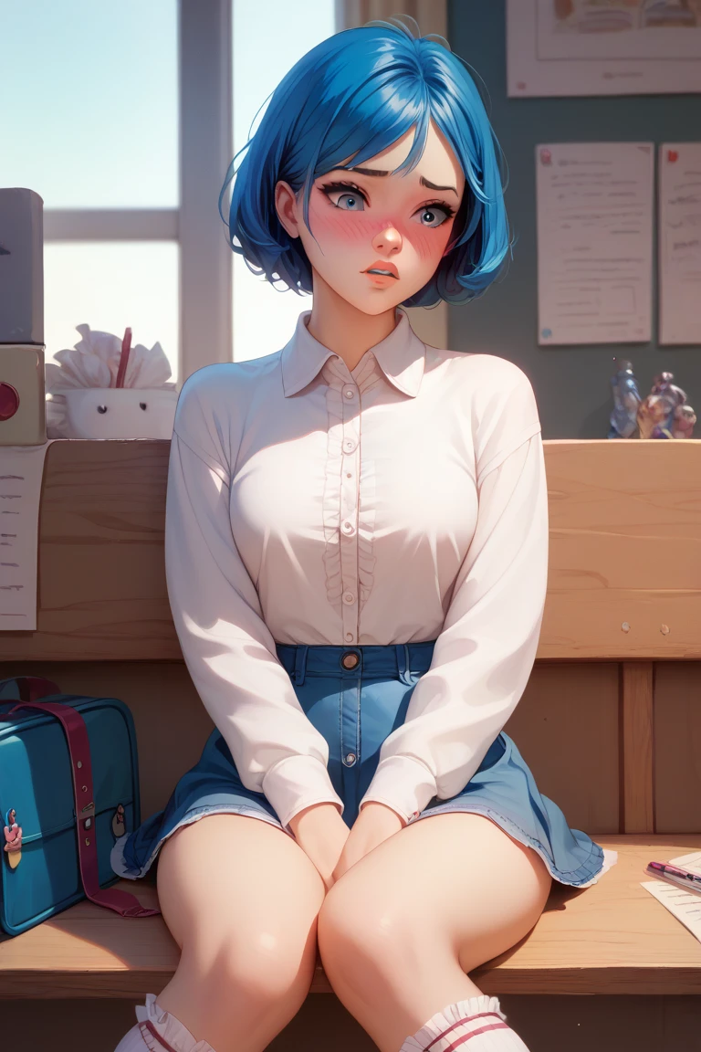 1 girl, student, sitting, short blue hair,  ruffled socks , underneath, Solas, embarrassed, Mini denim skirt, pursed lips, underwear without,  LONG SLEEVE SHIRT GLUED TO THE BODY,  masterpiece ,  best quality , uncensored