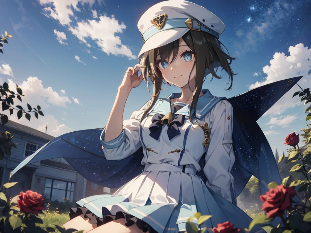 Alone、alone、One human girl、Human Ear、(Light blue military uniform)、(  light blue skirt)、(Sailor hat)、(mesh bangs )、smile、 forward leaning position、slouch、Kneeling、Focus on the chest、 rose garden、 starry sky 、 Hi-Res, masterpiece, accurate,  anatomically correct,  won numerous awards,  best quality,  textured skin、 bust up