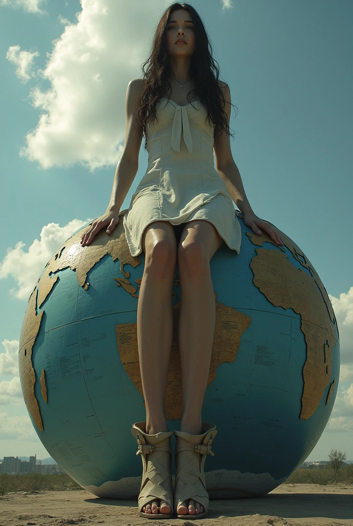 girl in blazer skirt and sneakers sitting on top of a really small beach ball, and the beach ball looks like the earth.