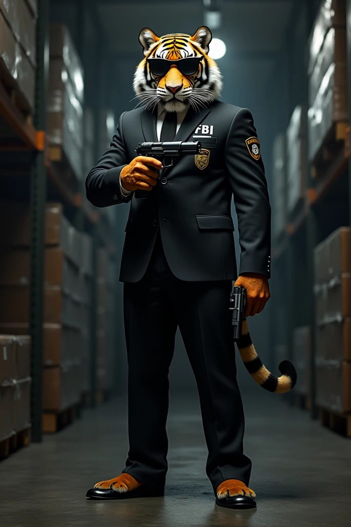 A powerful tiger standing like a human , dressed in a black FBI suit with dark glasses , holding a high-tech pistol . Background of a secret operation in a dark warehouse."