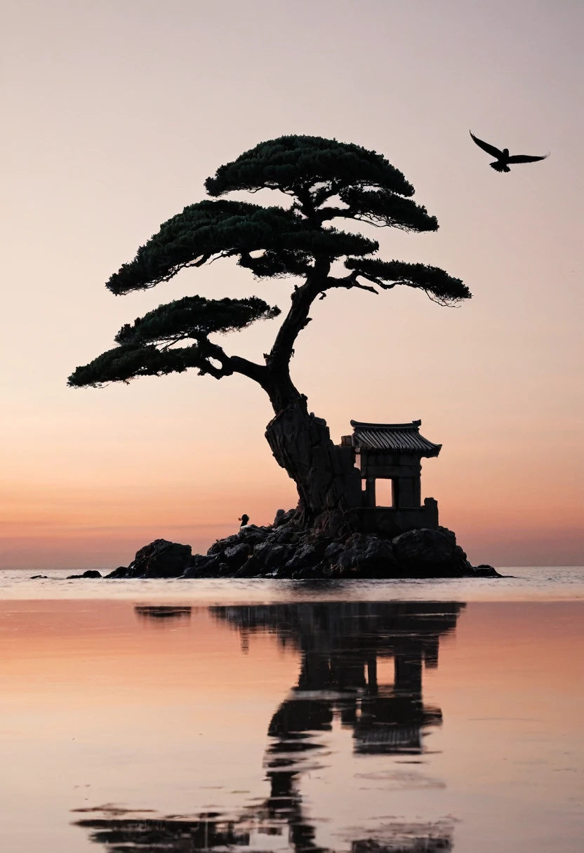 "Inkpunk Serenity" - Title: "The Solitary Flight" is an official 8K ink art masterpiece that encapsulates the essence of the inkpunk genre. A solitary bonsai tree stands tall, a beacon of life amidst the sprawling East Asian-inspired architecture that has been reclaimed by nature. The sunset casts a muted glow across the scene, the fading light bringing out the intricate details of the buildings that once bustled with activity. The solitary bird, its ink-black silhouette stark against the warm backdrop, soars through the air with an elegance that speaks of freedom and resilience. The muted color palette and meticulous attention to detail in the architecture create a sense of history and decay, a world that has moved on from the hands of its creators. The bonsai, a symbol of patience and perseverance, stands as a testament to the enduring spirit that refuses to be extinguished. This single image tells a story of a civilization's rise and fall, the eternal struggle between nature and the constructed world. The composition is balanced and deliberate, each stroke of ink a deliberate choice that adds to the overall narrative. It's a scene that invites contemplation and reflection, a moment of peace in a genre that often embraces chaos and technology.

