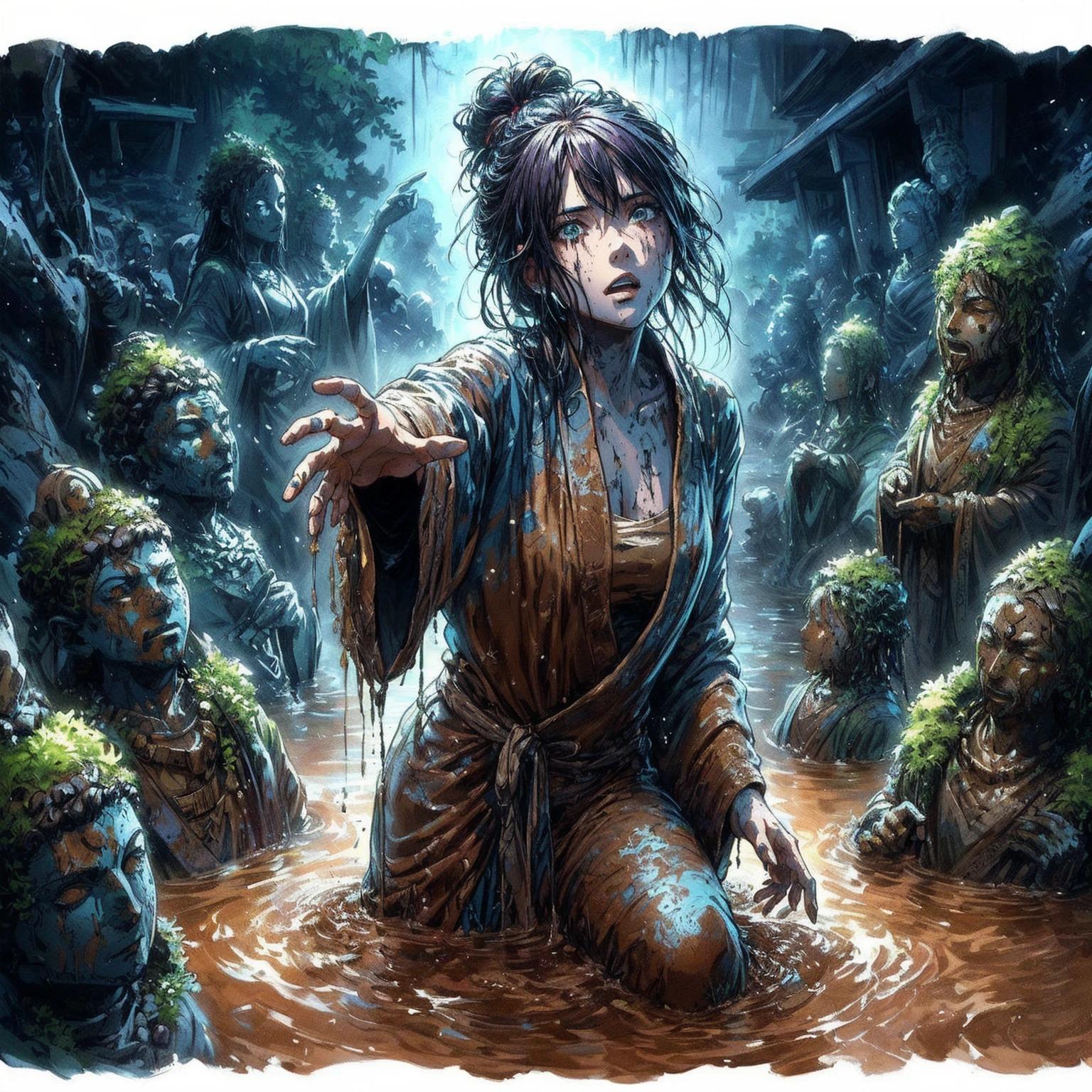 anime, painting of a woman in a swamp with a bunch of statues, scared expression, dirty clothes, studio ghibli and dan mumford, in the style dan mumford artwork, in the art style of dan mumford, painting by dan mumford, ( ( ( ( ( dan mumford ) ) ) ) ), dan mumford. concept art, dan mumford. maya render, dan mumford tom bagshaw, el bosco and dan mumford
