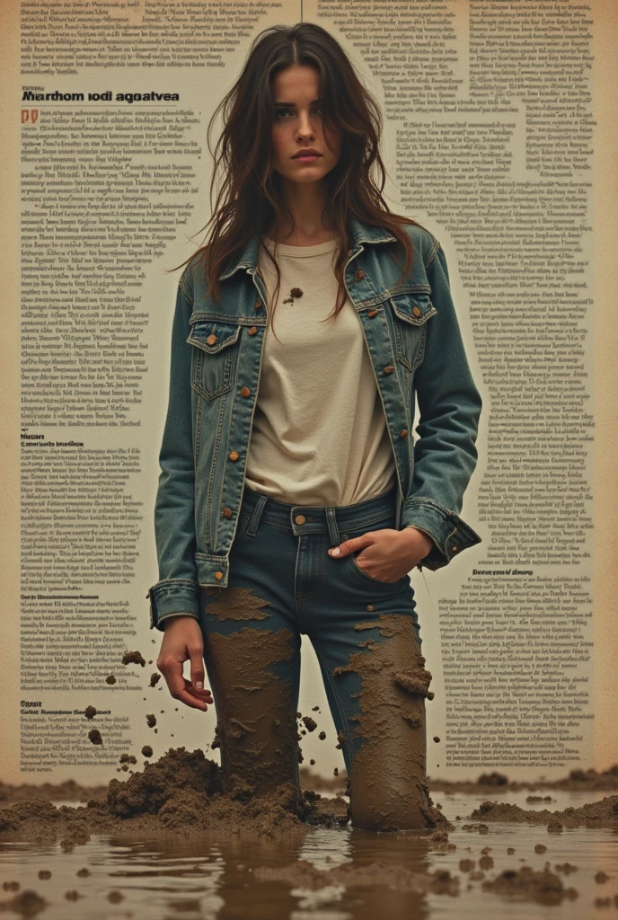 90s vintage glamour magazine setting, article with text and schema, tight dirty mud-covered jeans and denim jacket and t-shirt, woman drowning deep in mud, attention-grabbing, sensation, abstract background