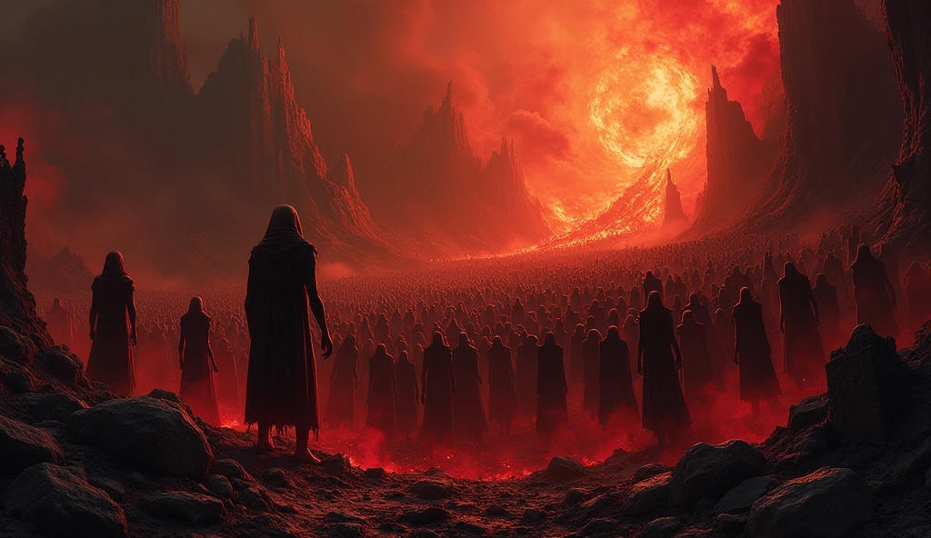 Create a dramatic and dark scene that represents countless souls condemned to hell. The background should be a hellish landscape, with flames, smoke and ruins.
Details:
A multitude of human figures in agony, with expressions of suffering.
Background with reddish flames, dark smoke and destroyed ruins.
Somber lighting, with strong contrasts between light and shadow.
Oppressive and desolate atmosphere.
Style: Dark art, influenced by dark romanticism and symbolism.
Techniques: Use shadows, intense lights, textures and vibrant colors to enhance the drama."