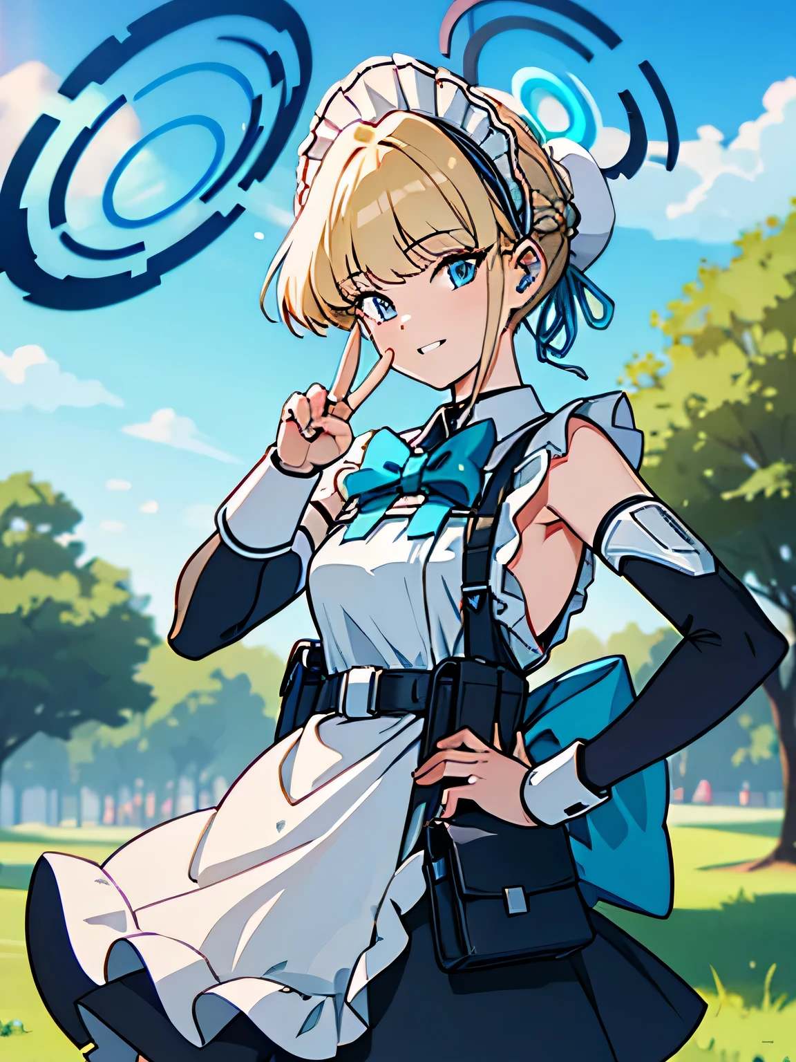 masterpiece, best quality, 
 maid,toki, blonde hair, blue eyes,
hair bun, short hair, halo, apron, belt pouch, black dress, black gloves, blue bow, bow, dress, elbow gloves, fingerless gloves, gloves, halo, long sleeves, maid, maid apron, maid headdress, pouch,
 cowboy shot, waving, hand to hip, looking at viewer, grin, park, trees, sky