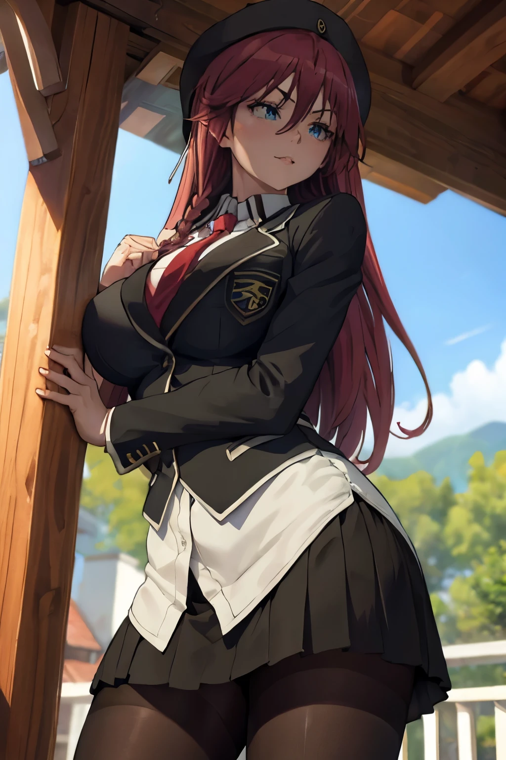 ((plump breasts)), (jambes grasses), ((hills)), ((perfect hands)), ((glossy pantyhose)), (finely detailed eyes and detailed face:1.3), (extremely fine and beautiful:1.1), (Perfect details:1.1), Lilith Asami, Trinity Seven, long hair, red hair, blue eyes , braid, side braid, school uniform, shirt, skirt, jacket, necktie, sexy woman,  adult, smile, outdoors, ((glossy black pantyhose)), (view from below),