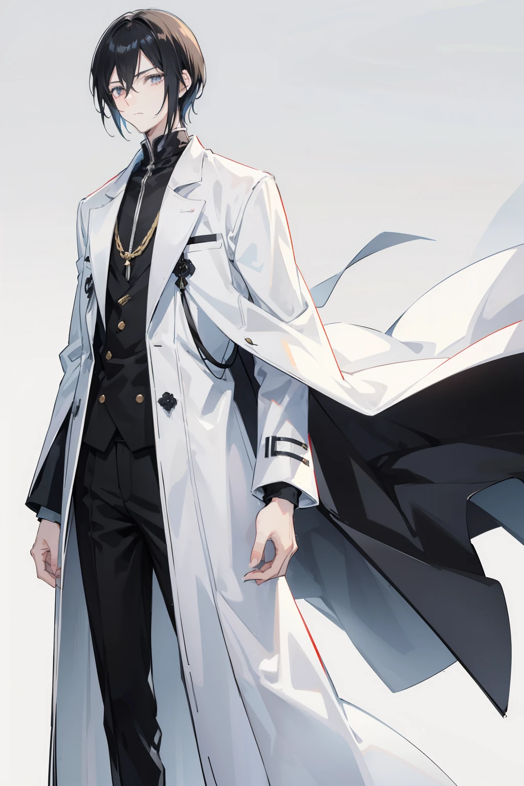 Realistic artwork, male 1, gray hair color, short side parted hairstyle, white skin, a blindfold completely covering his eyes, a crucifix hanging from his neck, wearing a suit and tie, a gold ring on his index finger , angel wings on his head located on his ears, golden cloak, elegant black boots, an aura of light around him,