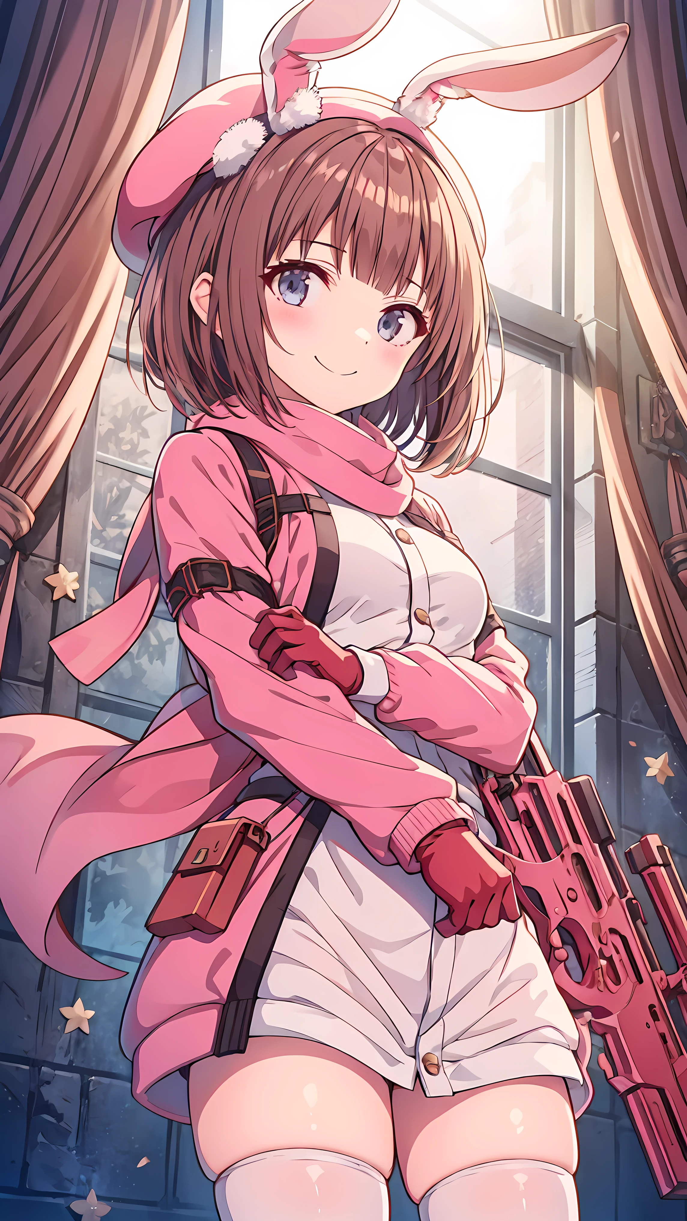 Llenn_GGO, gunを手に持ったアニメの***、 one girl , >:), animal_, animal_, , brown_eye, brown_hair,  bullpup , closure_mouth, commentary_ request , Gloves, gun, , holding, holding_gun, holding_arms,  jacket, curtain_(star), length_sleeve ,  stare _in_audience, The usual_, Pee-chan _(p90), p90, pink_Gloves, pink_ have , pink_ jacket, pink_theme, rabbit_, rabbit_, Simple_background, smile, one person in, with, short_gun, sword_art_online, sword_art_online_alterninive:_gun_Strong winds_online, V-shaped_eyebrow, arms, smile, break looking at viewer, ( COWBOY SHOOTING :1.5),  dynamic pose , Thighs, From below, break (masterpiece:1.2),  best quality,  high definition ,  Unity 8K Wallpaper, (Illustration:0.8), (beautiful detailed eyes:1.6),  extremely detailed face ,  perfect lighting,  extremely detailed CG, (  Perfect Hand , perfect anatomy), 