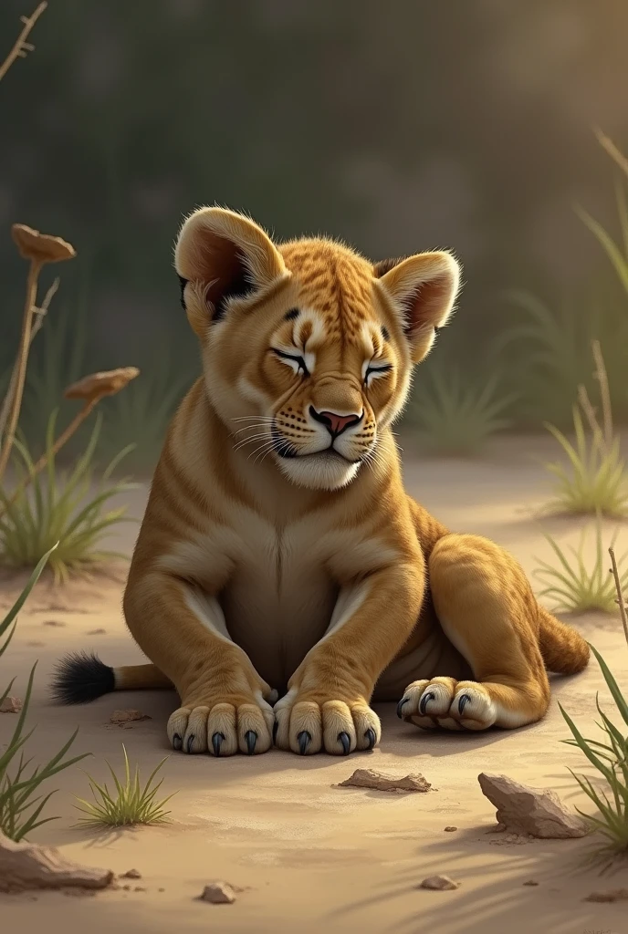 feral lioness, Nala, high resolution, realistic, Soft, 4K, upscales, high detail, Delicate fur, ((The tail in the right place)), green eyes, bedroom eyes, white sclera, lifted tail, hyper canine pussy, savanna, large eyes, presenting pussy, looking back at viewer, 1 lion tail, black canine pussy, dripping canine pussy, cub, young, detailed eyes, beautiful eyes, flat chest, small, lying down on side, 4 legs, 4 paws, licking lips, sultry look, lifted hind leg