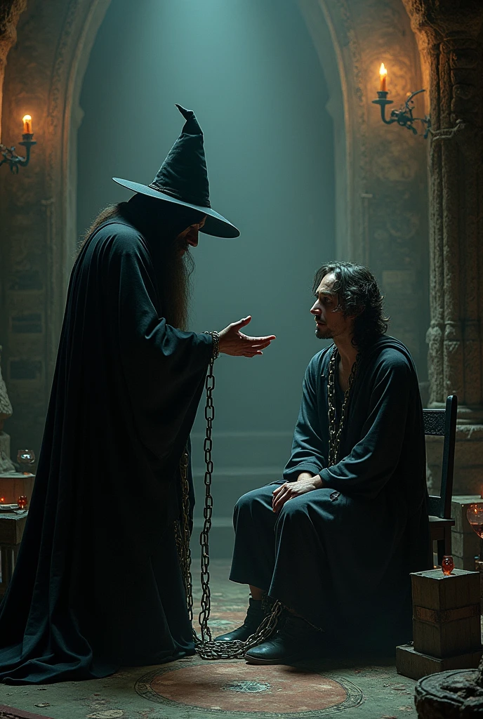 A witch talking to a captive who is seated and is chained