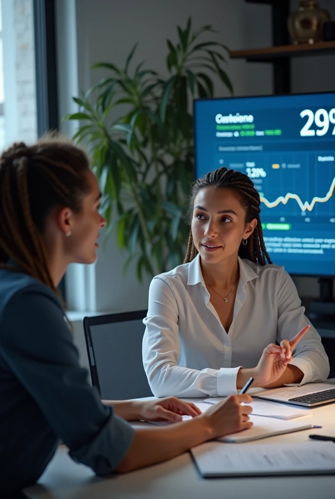 A Young brunette boy (20 years old) with dreadlock financial advisor recommending the best investment option to a Young woman client in a meeting. The advisor should be pointing at a screen displaying the 29% effective annual interest rate, with other options shown faintly in the background. The client should look attentive and interested. The scene should look professional, with a focus on trust and guidance in financial planning."