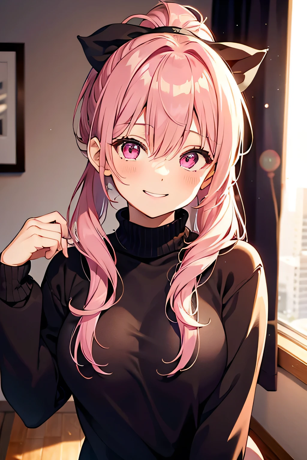 rating_questionable,
anatomically correct, best perspective,
1 cute girl, pink hair, ponytail, black ribbon, pink eyes, happy smile, ,
At room, winter, sweater,