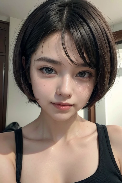 ((NECK LACE)), ((GOTH GIRL BLACK EYELASHES & LIPS)), ((BLACK LIPS)), ((shorthaircut:1.3)), adorable, 1 girl, (face to face), 10 years old, baby face, happy, half body portrait, (face details: 1), (eye details: 1), ((tiny breasts)). ((croptank)), ((net stockings))
