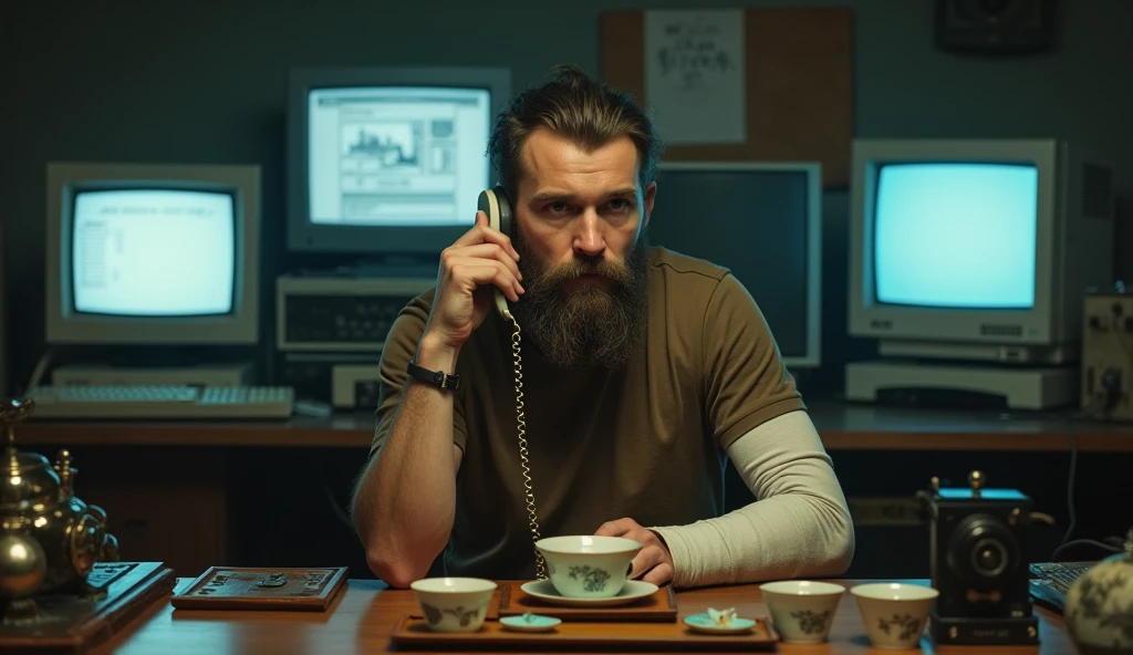 Russian young guy cheeks beard and on his leg GYPSUM TALKS ON TWO HANDSETS DRINKING TEA CEREMONY monitors 80s dark SCREENSHOT OLD PC retro computers film vhs 1975 action vice city movie-shot panavison eighties style house
