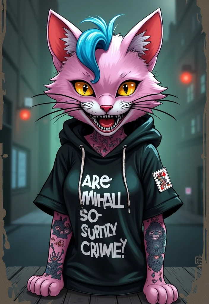 A hq 1990s/2000s comic book cover featuring the cutest and sexiest punk rock pink cat, blue hair, yellow eyes, light pink skin, wearing a hoodie, graphic design jacket and ripped skinny jeans, tons of tattoos and piercings, perfect masterpiece, high quality, high resolution, large, 8k, cinematic. The cat should be depicted with exaggerated and aloof facial expressions, using thick lines, bold shadow cracks and deep shadows, highlighting its chaotic and intense nature. The cover should have a worn and distressed texture, with a muted color palette of purples, greens and reds to evoke a sinister yet retro feel. In the background, show a gritty urban setting, symbolizing a futuristic New York in turmoil. The cat should be in a dynamic pose, perhaps laughing and holding a playing card, embodying its unpredictable and dangerous personality. Add classic comic book elements like a bold title ('CARAMELLO MARSHMALLOW: Cat Lady of Crime'), a creepy subtitle ('Are You So Serious?'), and 'Written by Jim Lee' as the author. Include the issue number (#1), a small price tag (e.g. '10¢'), and a publisher's logo in the corners. Keep the layout clean but intense, focusing on Kitten's twisted personality while maintaining the '2000s comic book aesthetic.