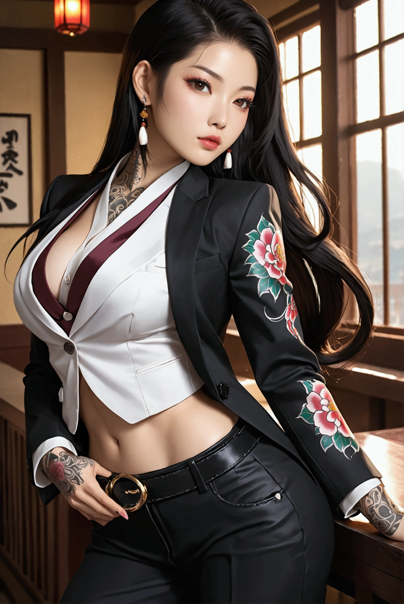 Create an image of the most stunningly gorgeous beautiful feminine young Korean yakuza, Korean yakuza tattoos, long flowing black hair, light makeup, lip gloss, stunningly gorgeous beautiful feminine face, perfect hour glass body figure, perfect breast, suit pants,  open suit jacket, 