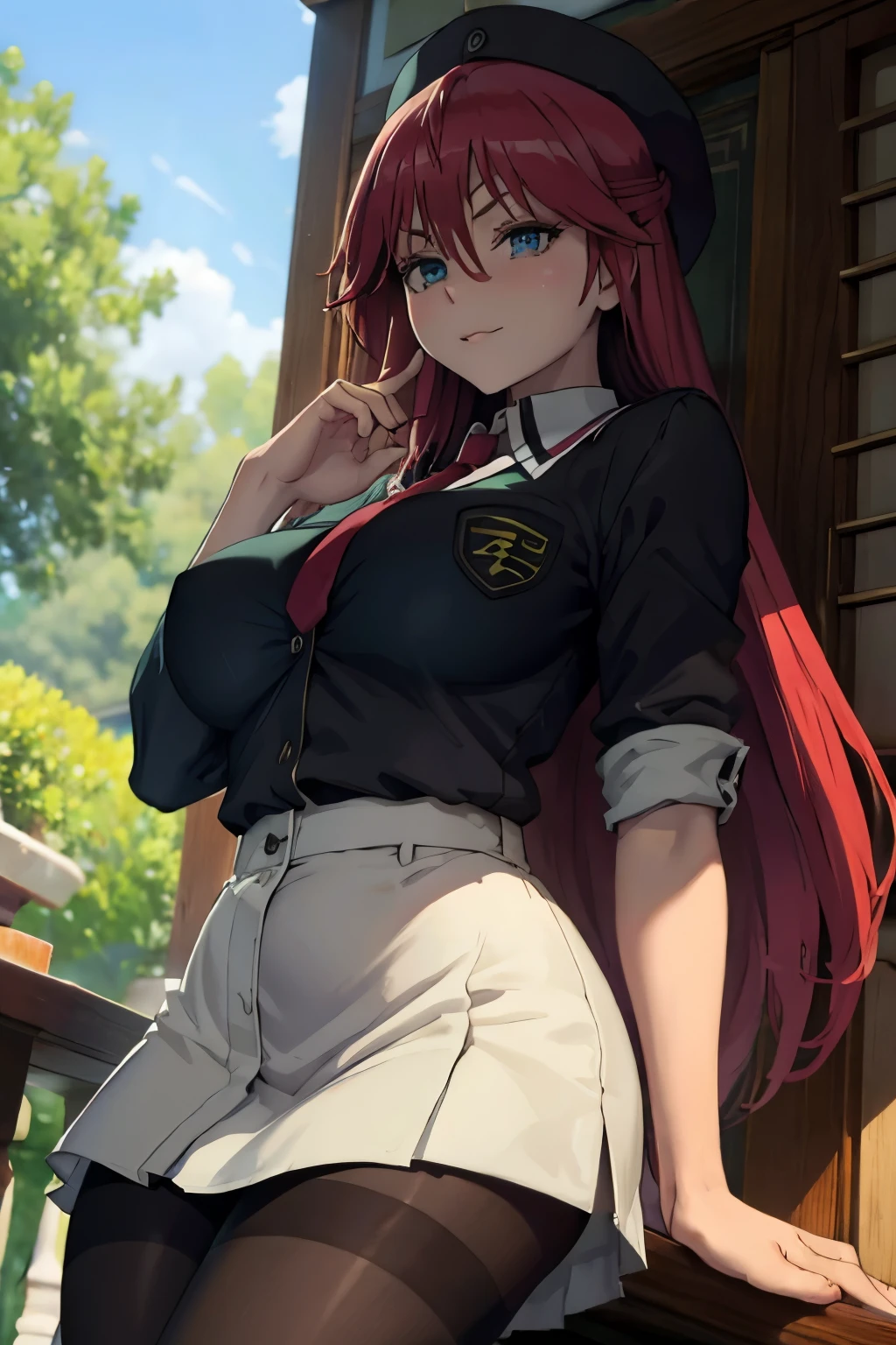 ((plump breasts)), (jambes grasses), ((hills)), ((perfect hands)), ((glossy pantyhose)), (finely detailed eyes and detailed face:1.3), (extremely fine and beautiful:1.1), (Perfect details:1.1), Lilith Asami, Trinity Seven, long hair, red hair, blue eyes , braid, side braid, school uniform, shirt, skirt, jacket, necktie, sexy woman,  adult, smile, outdoors, ((glossy black pantyhose)), (view from below),