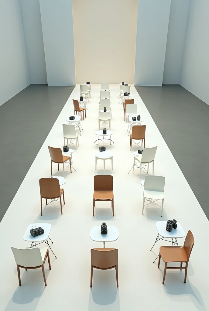 Draw me a chair on a runway, a chair away from it, and a chair away from it. Each chair has a table and camera filmed from above