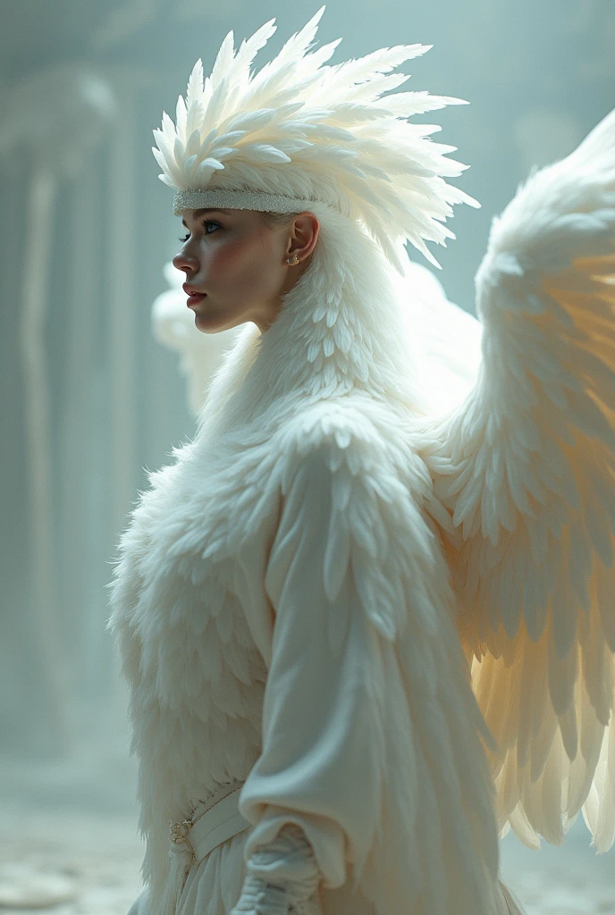 A heroine with griffin powers and a pet griffin with a griffin helmet that covers her entire face in a white uniform