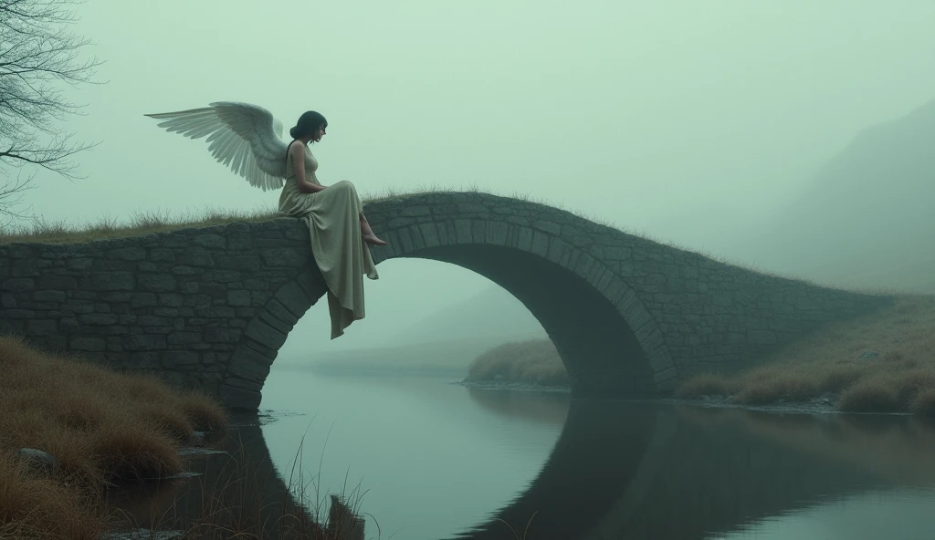 "Ilya Kuvshinov" style, Simple Ancient bridge in dense fog, Simple construction of ancient medieval stone  bridge in scotland, a beautiful female angel in tunic sitting on the bridge wall with her legs hanging down, looking at the water below, Many details everywhere. Ray-Tracing. Anti-Aliasing. Realistic soft shadows. Low saturation colors. Insane quality. Insane resolution. Insane details. Masterpiece. 32k resolution.