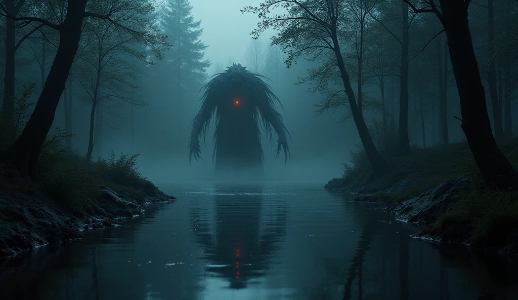 monster discreetly disguised inside a river at night in the forest in liquid darkness,
