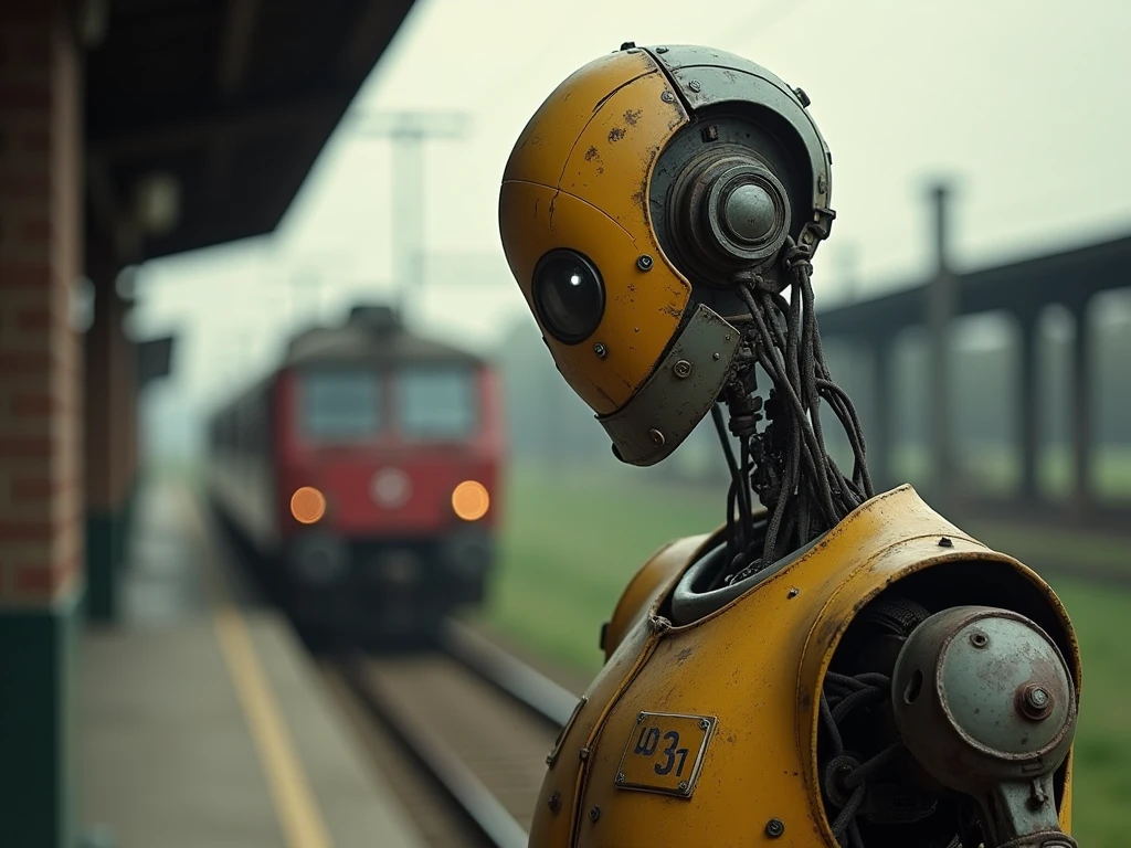 retro、nostalgic 、(Une station dans une campagne ),(old robot train),(((乗降しているpassenger、 le personnel de la gare n'est pas humain))),(((passenger、Tout le personnel de la gare old robots ))),( close-up portrait of a tired robot),(Train station in the background 、former),