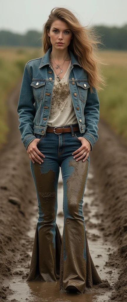 90s vintage glamour magazine setting, flared tight dirty mud-covered jeans and denim jacket and t-shirt, woman drowning deep in mud, attention-grabbing, sensation, abstract background, artistic posing, void