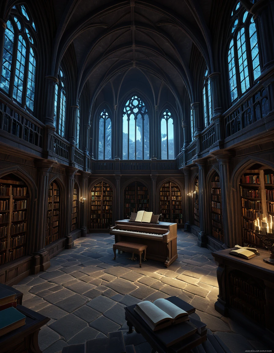 arafed room with a piano and a window in it , gothic epic library concept, gothic epic library, gothic library, alchemist library , unreal engine render concept art, castle library, dusty library, unreal fantasy art engine, ancient library, library of ruina concept art, photorealistic dark concept art, dramatic lighting . concept art, inside a castle library, The Old Library