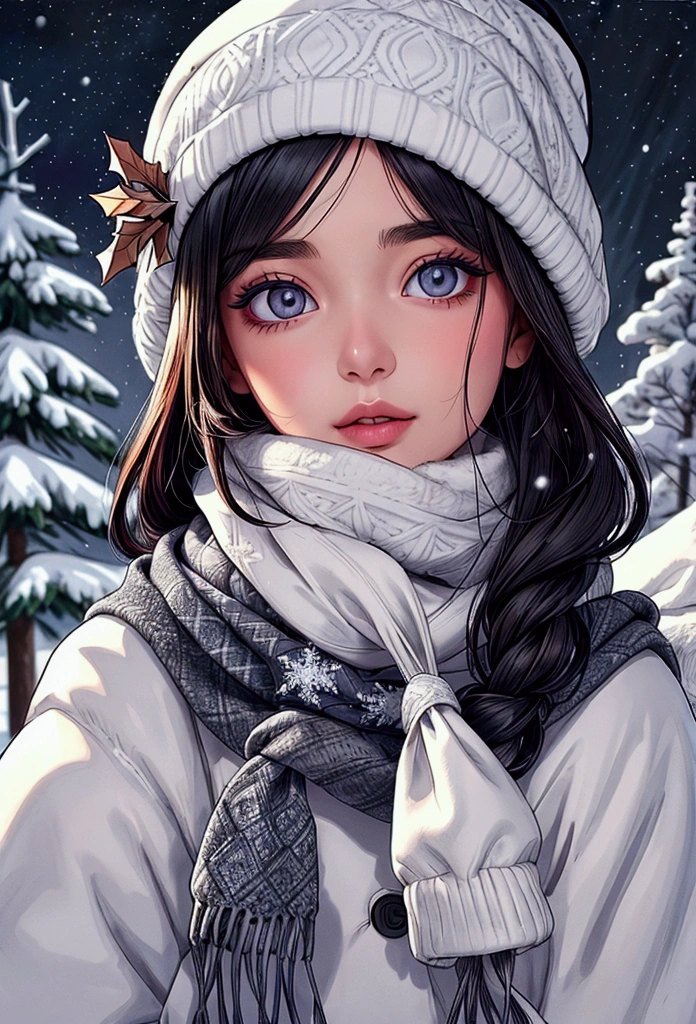  Beautiful detailed eyes ,  beautiful detailed lips ,  very detailed eyes and face ,  long lashes, 1 girl,  winter hat , winter scarf , winter, drawing of a girl , winter,  snow , snowy landscape, pine trees, night sky, идет  snow , full-length image, stands under a snowy tree