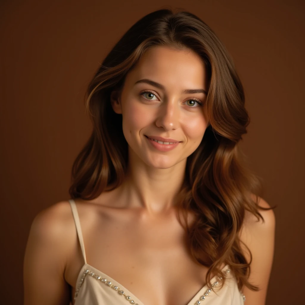 A professional portrait of the pretty girl, this time photographed against a warm brown background. The lighting is soft and flattering, creating a gentle, romantic mood. Her long brown hair appears to have some highlights and is styled in loose waves. She's wearing what looks like a cream-colored dress with delicate details, possibly beading or pearls along the neckline. Her makeup is natural-looking and she has a warm, engaging smile. The overall style of the photo is reminiscent of glamour photography.
