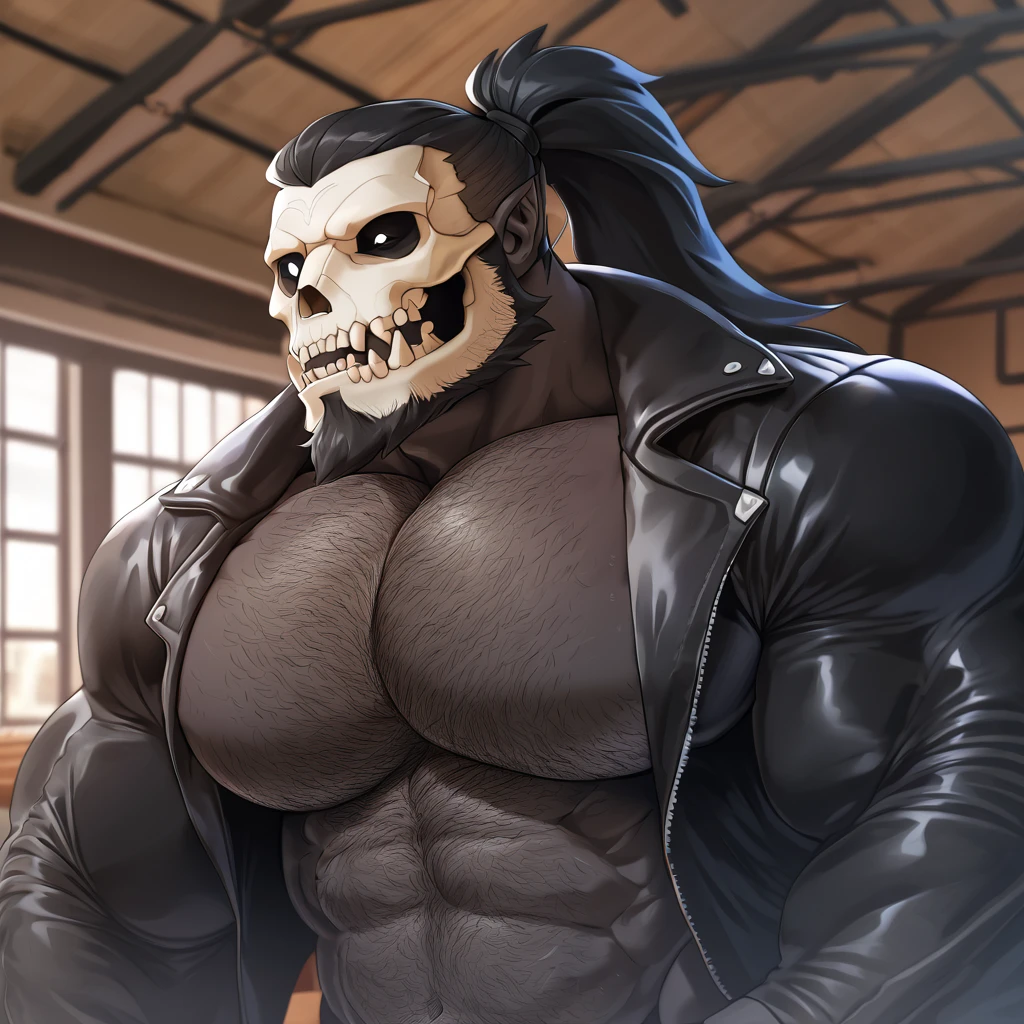 Orc(((( with skeleton skull)))), black skin, beard, very large pecs, strong physique, muscular, perfect anatomy, masterpiece, black beard, black leather jacket, black eyes with blue irises, black hair tied in a ponytail, strong jaw, giant biceps, hairy pecs, alone, college dorm background